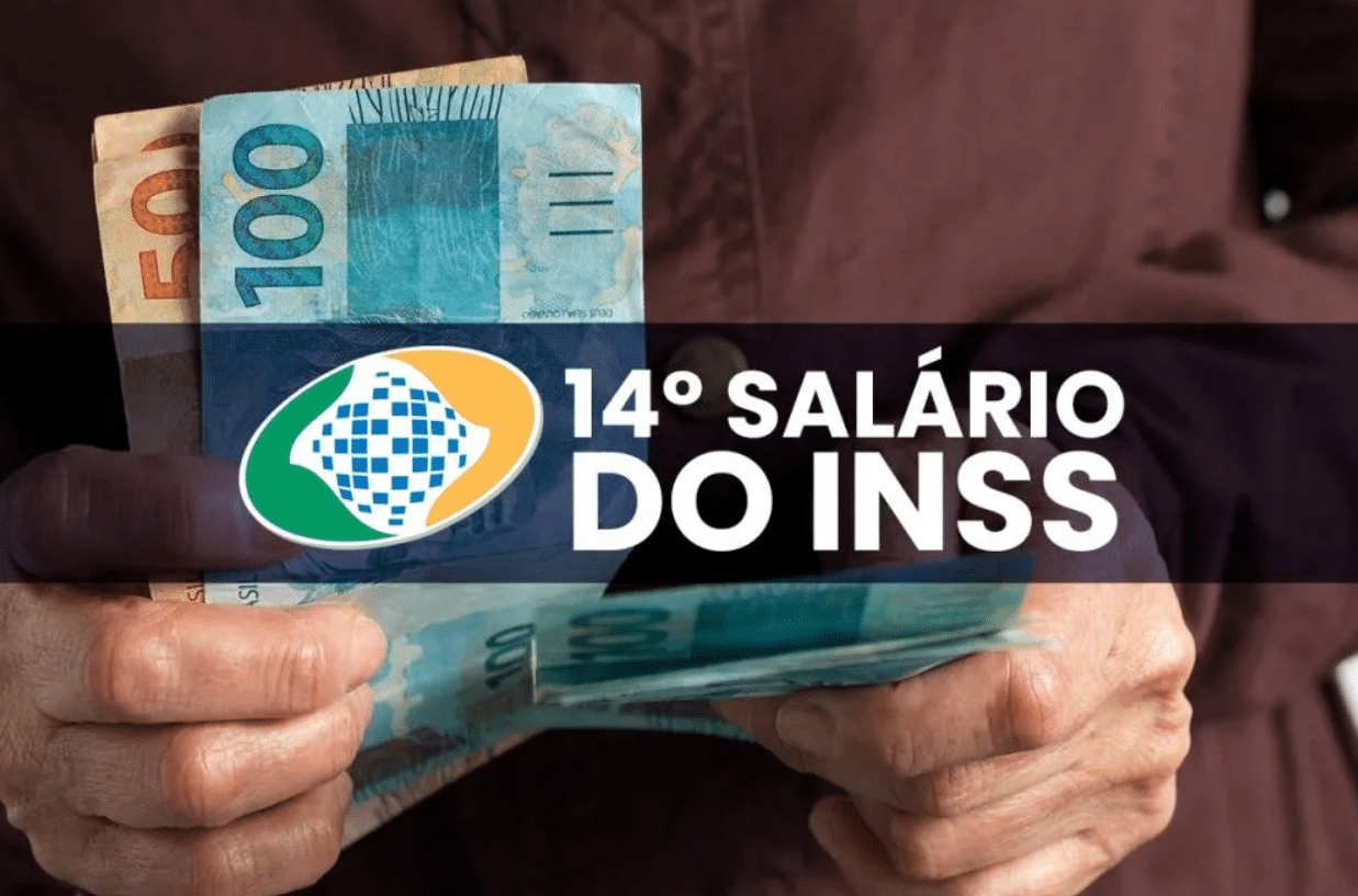mãos de idoso segurando dinheiro com texto sobreposto na imagem "14º salario do inss"
