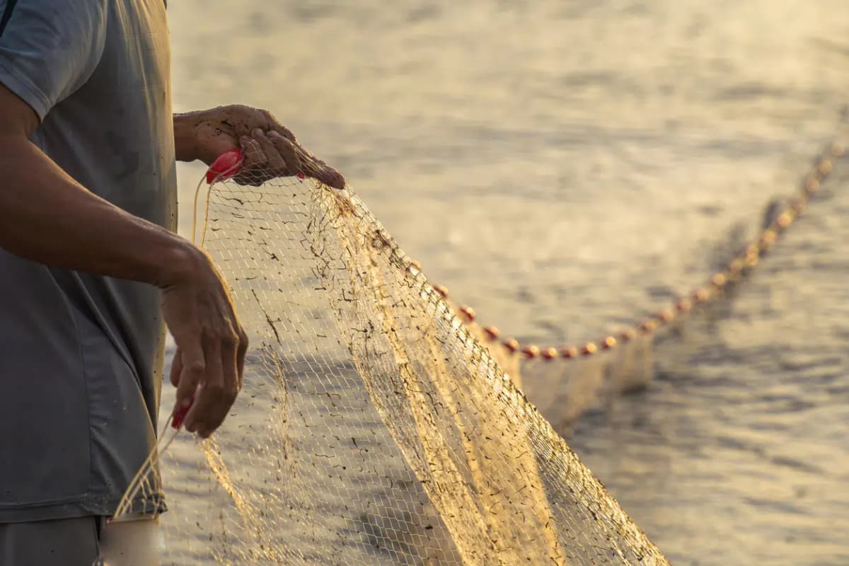 Pescador lançando sua rede ao nascer do sol ou ao pôr do sol